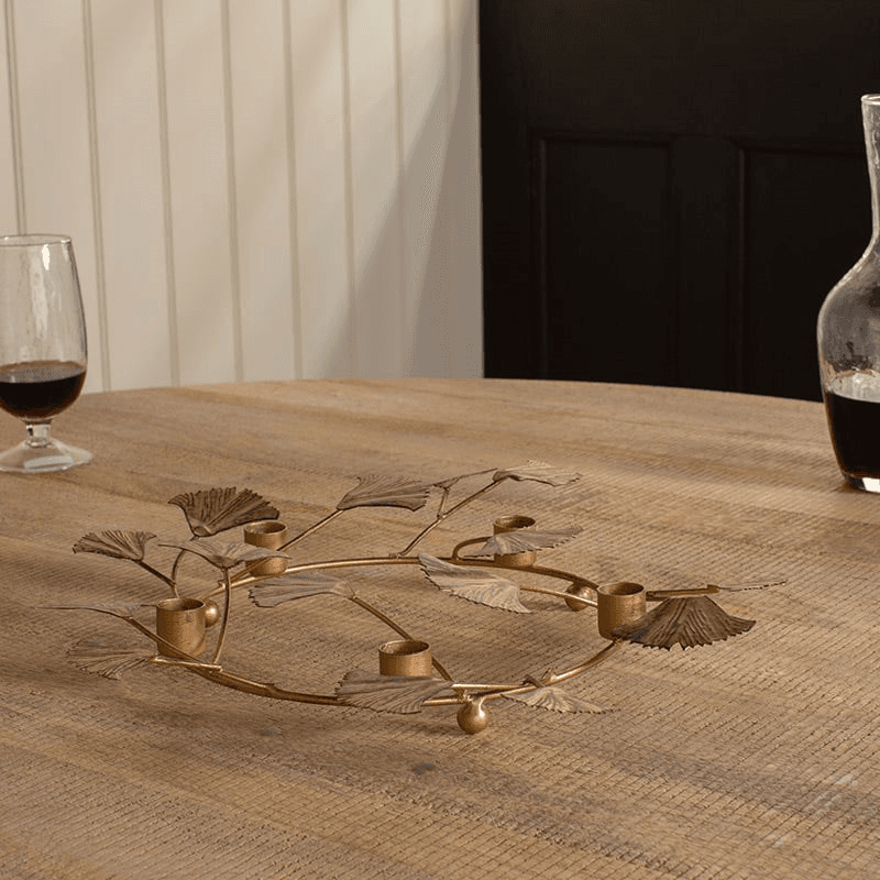 Khamila Leaf Iron Candle Holder, D35cm, Antique Brass