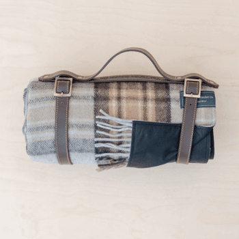 Image showing the Recycled Wool Picnic Blanket with Brown Leather Carrier, 140 x 190cm, Mackellar Tartan product.