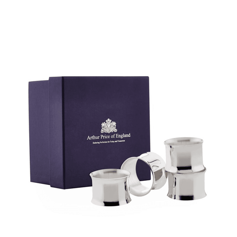 Set of 4 napkin rings with curved edges, Silver Plate