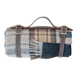 Image showing the Recycled Wool Picnic Blanket with Brown Leather Carrier, 140 x 190cm, Mackellar Tartan product.