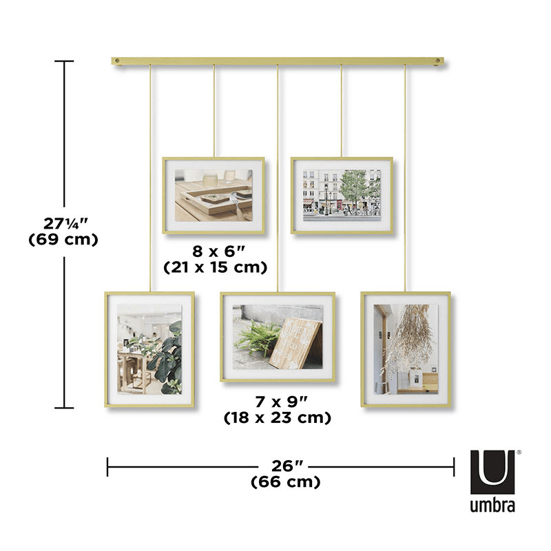 Exhibit Set of 5 Hanging Photo Frames, Mat Brass