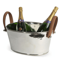 Image showing the Leather Handled Champagne bath, H18 x W20 x D38cm, Hammered Nickel Plate product.