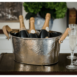 Image showing the Leather Handled Champagne bath, H18 x W20 x D38cm, Hammered Nickel Plate product.