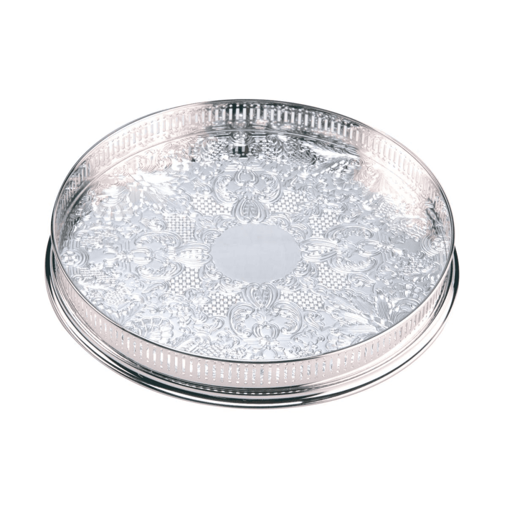 Round embossed gallery tray, 11", Silver Plate