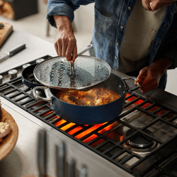 Image showing the Space Folding Ceramic Non-Stick Casserole Pan & Lid, 28cm, Midnight Blue product.