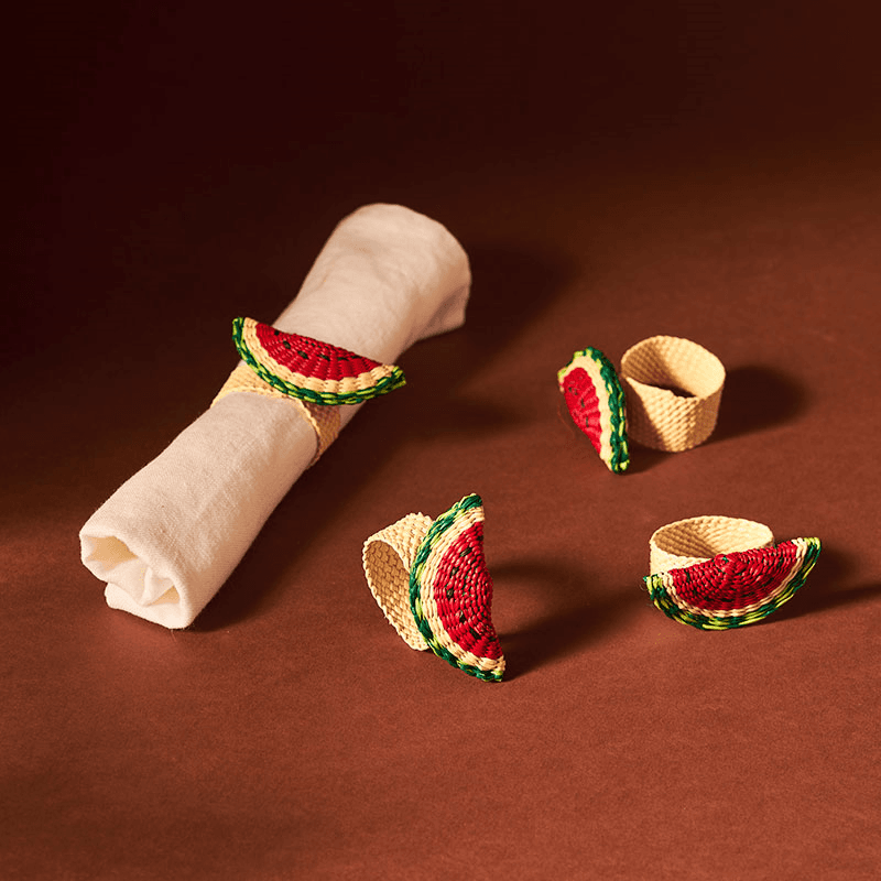 Narino Watermelon Set of 4 Woven Napkin Rings, Green & Red
