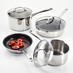 Image showing the 7000 3 piece draining saucepan set, Stainless Steel product.