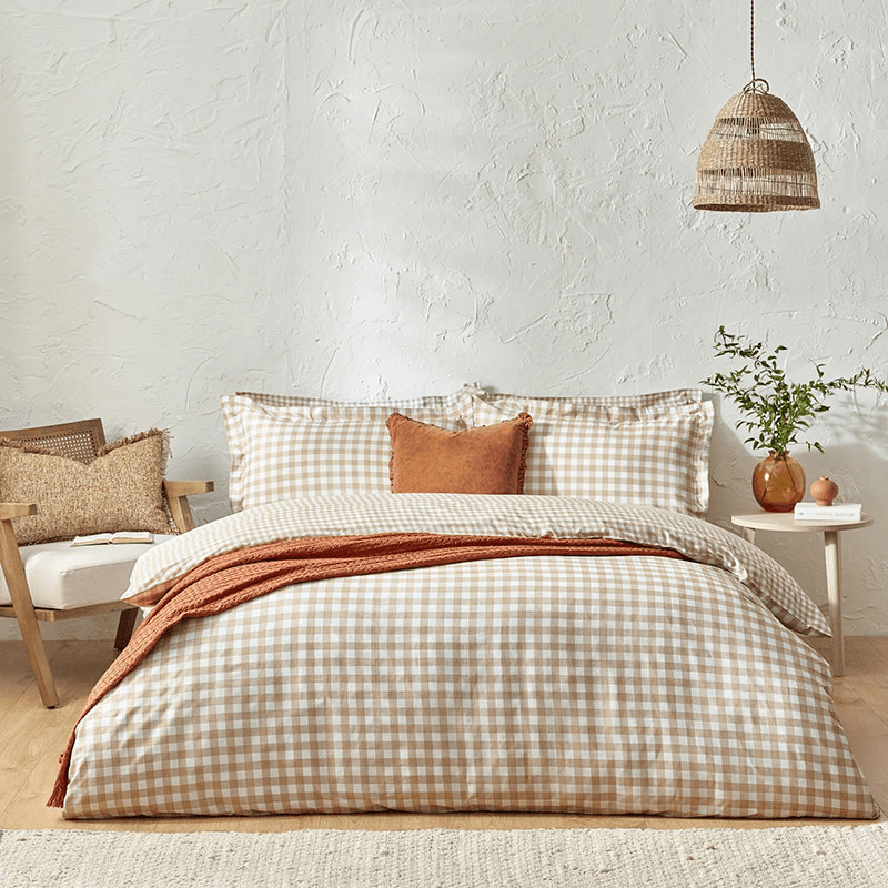 Barton Gingham King Size Duvet Cover Set, Biscuit