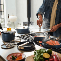 Image showing the Space Folding Handle Ceramic Non-Stick 6 Piece Cookware Set, Midnight Blue product.
