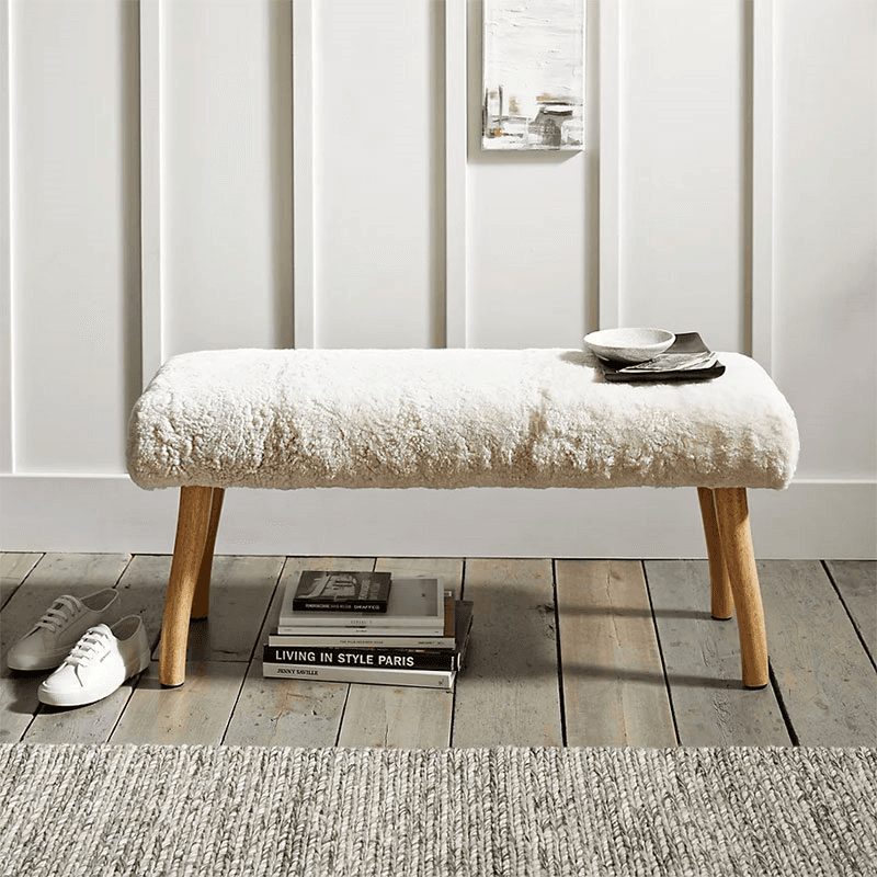 Curly Shearling Bench, H47cm x W36cm x L105cm, Oatmeal