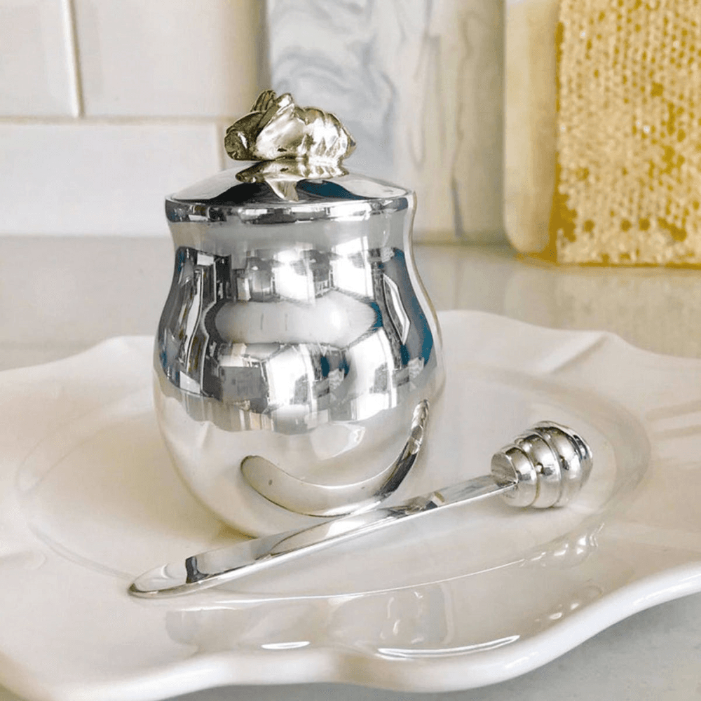 Bee Honey pot with spreader, H10 x D7cm, Silver