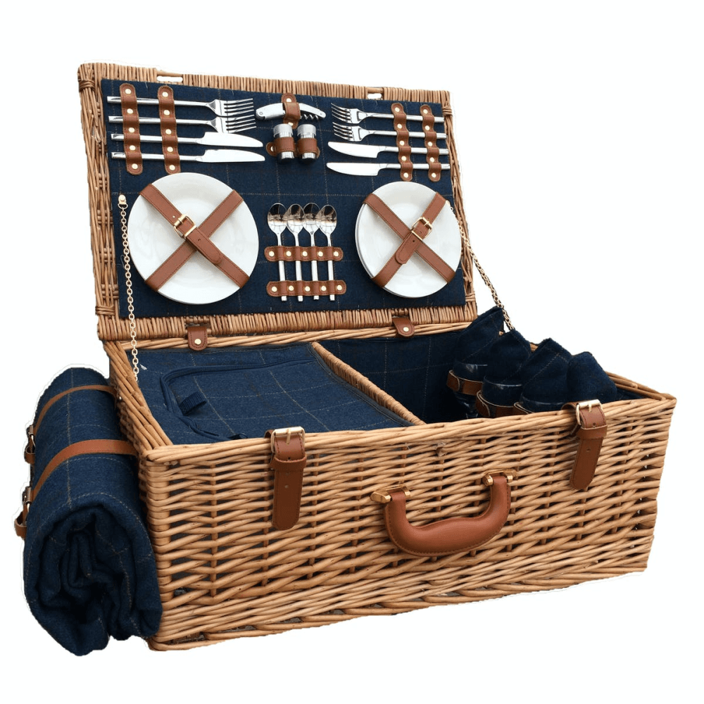 4 Person Blue Tweed Hamper, Brown/Blue