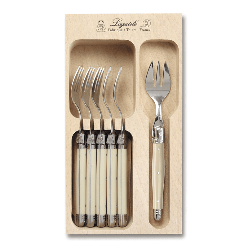 6 Piece Cake Fork Set in Tray, Ivory