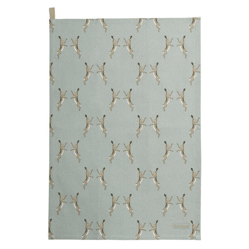 Boxing Hares Set of 2 Tea Towels, Duck Egg Grey