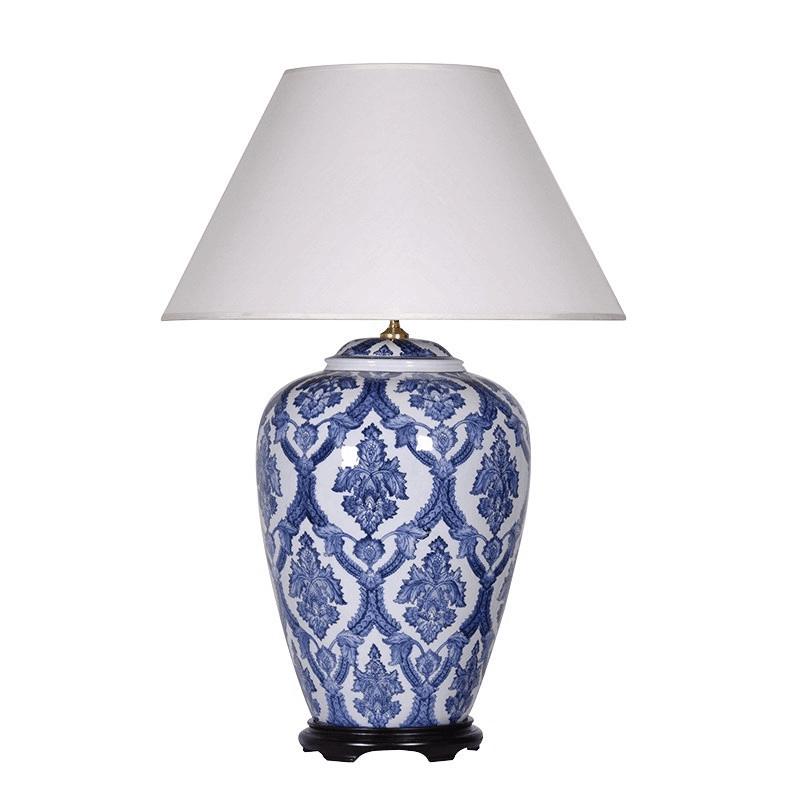 Patterned Vase Lamp with shade, blue and white