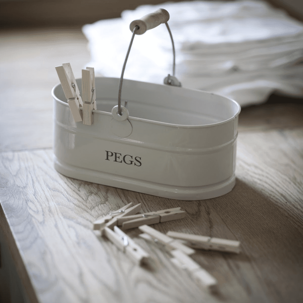 Peg basket, H14 x W27 x D14.5cm, Chalk Coloured Powder Coated Steel With Wood Grip