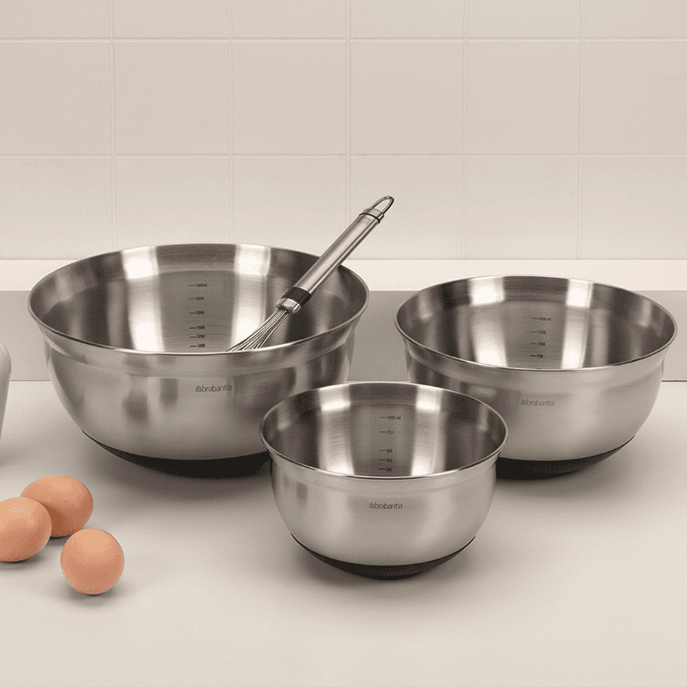 Set of 3 mixing bowls, 1, 1.6 and 3 litre, Matt Steel