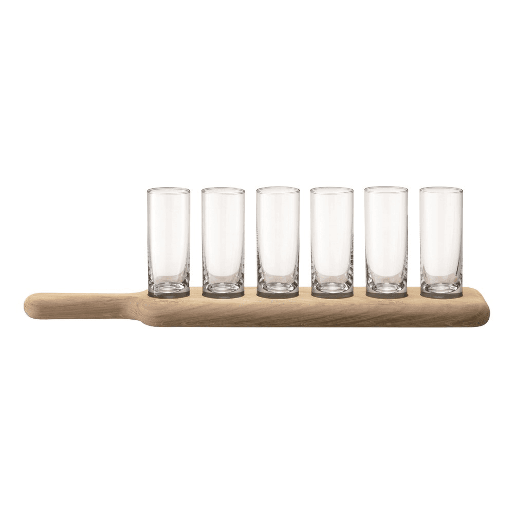 Paddle Set of 6 vodka glasses with oak paddle, 40cm, clear