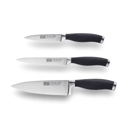 Image showing the Syracuse Soft Grip Set of 3 Knives Pairer, All Purpose & 15cm Chef's Knife, Black product.