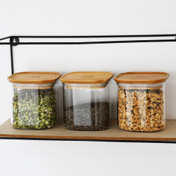 Image showing the Glass Set of 3 Square Storage Containers, 800ml, Bamboo product.