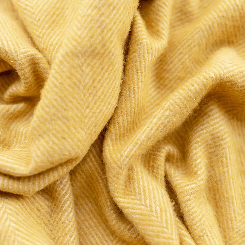Herringbone Recycled Wool Picnic Blanket with Brown Leather Carrier, 140 x 190cm, Mustard