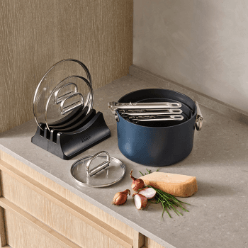 Image showing the Space Folding Ceramic Non-Stick 3 Piece Saucepan Set, Midnight Blue product.