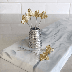 Image showing the Bee Set of 6 large olive picks and holder, H5cm, Silver product.