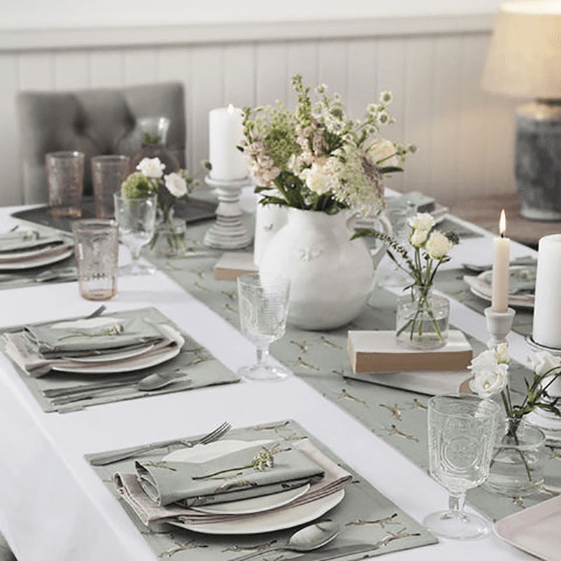 Boxing Hares Table Runner, 35 x 280cm, Duck Egg Grey
