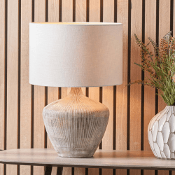 Image showing the Manaia Textured Table Lamp With Linen Drum Shade, H35cm, White Wash product.