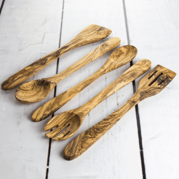 Image showing the Traditional Olive Wood 5 Piece Kitchen Utensil Set product.