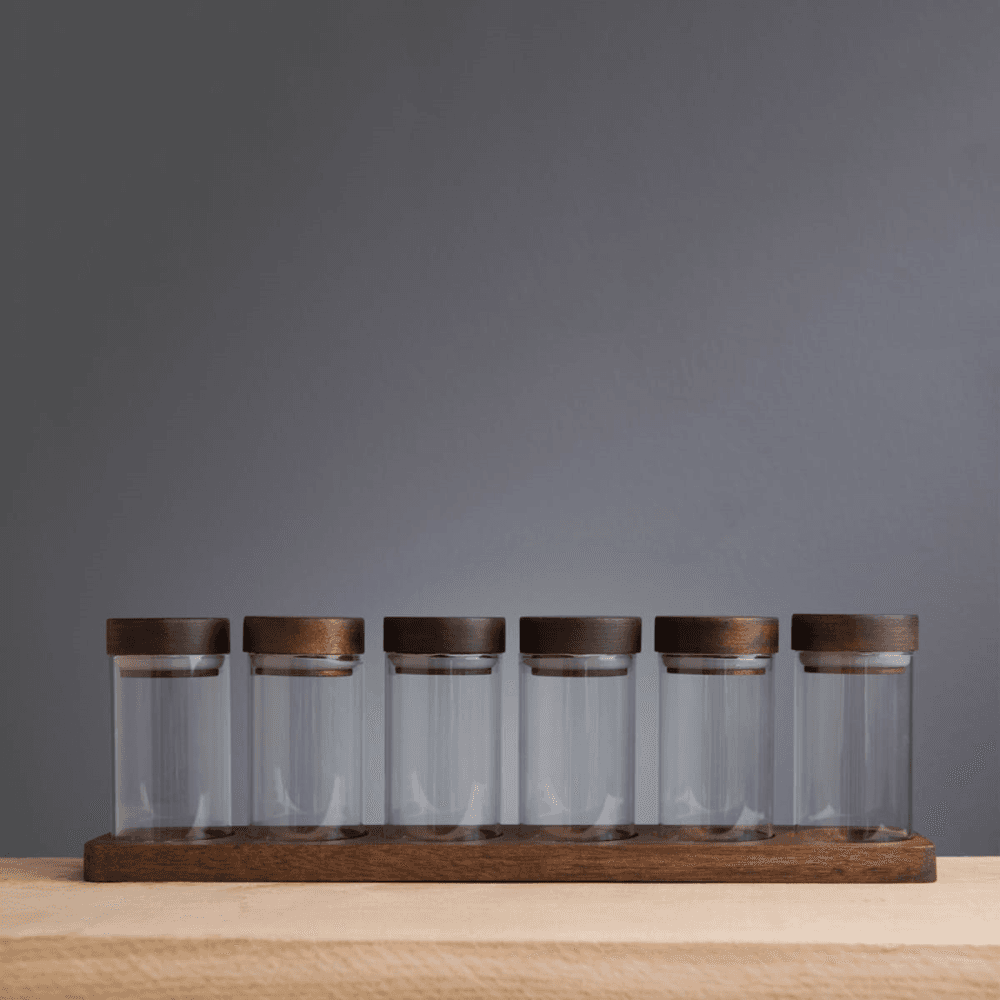 6 piece spice jar set, 120ml, acacia wood / glass