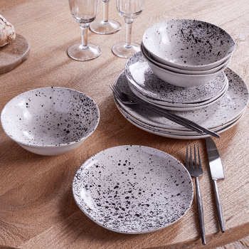 Image showing the Ama Splatter Dinnerware Set, White & Black product.