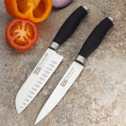 Image showing the Syracuse Soft Grip Set of 2 Knives 13cm Santoku & All Purpose Knife, Black product.