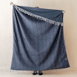 Image showing the Herringbone Recycled Wool Picnic Blanket with Brown Leather Carrier, 140 x 190cm, Navy product.
