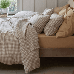 Image showing the Gingham Linen Flat Sheet, Double, Mushroom product.