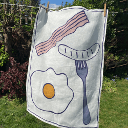 Image showing the Egg & Bacon Tea Towel, 50 x 70cm, White/Blue product.