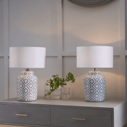 Image showing the Ceiia Table Lamp With Linen Drum Shade, H24cm, Grey & White product.
