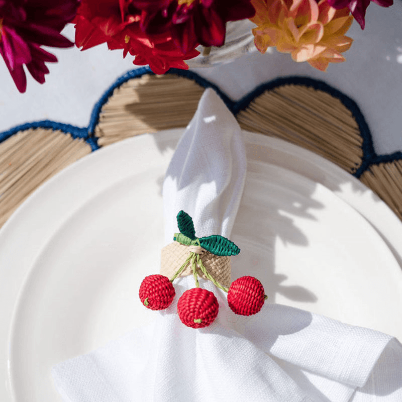 Narino Cherries Set of 4 Woven Napkin Rings, Red