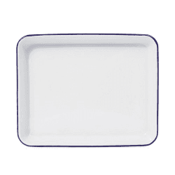 Image showing the Enamel serving tray, L28 x W22 x H3.5cm, white with blue rim with blue rim product.