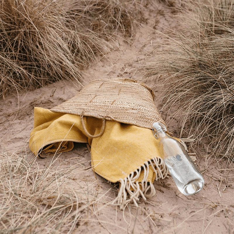 Herringbone Recycled Wool Picnic Blanket with Brown Leather Carrier, 140 x 190cm, Mustard