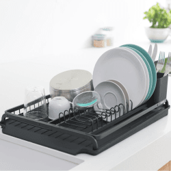 Image showing the Compact dish drying rack, H12.6 x W20 x D46cm, dark grey product.