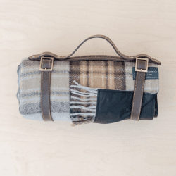Image showing the Recycled Wool Picnic Blanket with Brown Leather Carrier, 140 x 190cm, Mackellar Tartan product.