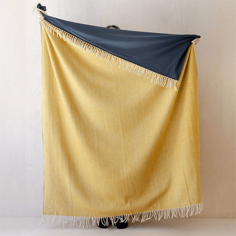 Herringbone Recycled Wool Picnic Blanket with Brown Leather Carrier, 140 x 190cm, Mustard