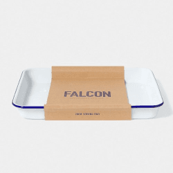 Image showing the Enamel serving tray, L28 x W22 x H3.5cm, white with blue rim with blue rim product.