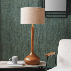 Image showing the Toma Table Lamp With Linen Drum Shade, H55cm, Oiled Wood product.