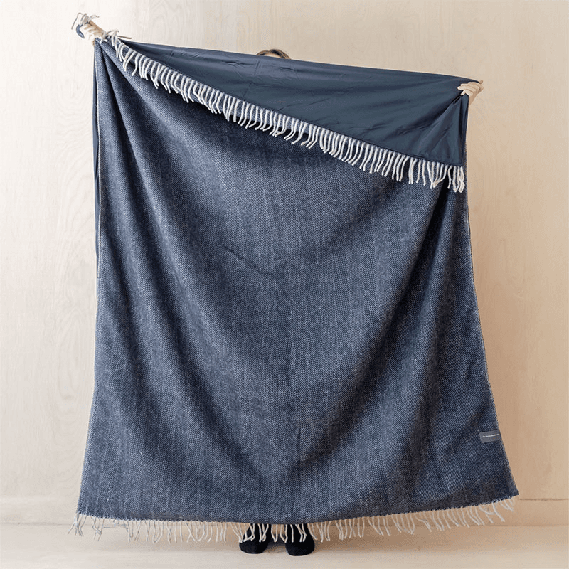 Herringbone Recycled Wool Picnic Blanket with Brown Leather Carrier, 140 x 190cm, Navy