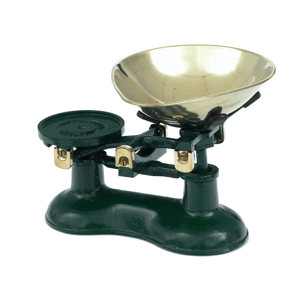 Kitchen scale & pear shaped brass pan, Green