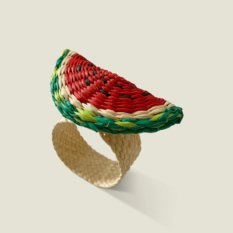Narino Watermelon Set of 4 Woven Napkin Rings, Green & Red