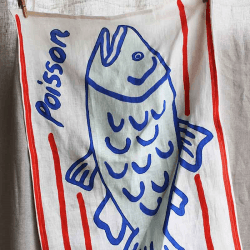 Image showing the Poisson Embroidered Tea Towel, 50 x 70cm, Blue/White product.